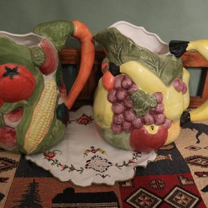 Vtg 1980s Vegetable- or Fruit-Decorated Ceramic Beverage Pitchers - Made in Taiwan - Purchase One or Both: Original Owner - Both Mint Cond.