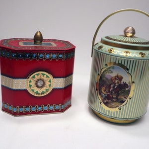 Vintage Metal Tins w/Lids (Great Britain) - Green & Gold Round or Red Octag. w/Blue, White, Gold Trim - Excellent Cond. - Buy One or Both