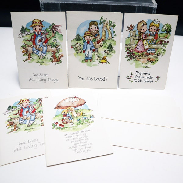 Vintage Late 1960's/Early 1970's Set of 5 "Cute" Cards - 4 Styles with 1 Duplicate (Only 1 Envelope) - Blank Inside - Near Mint Condition