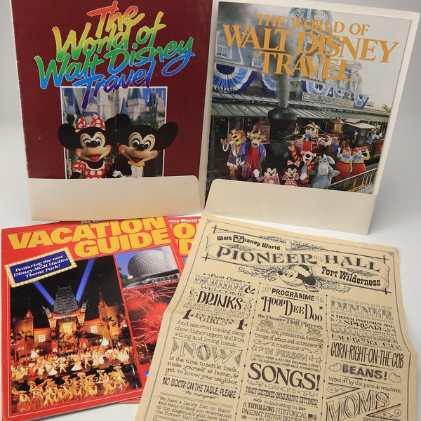 Vtg WDW: 1983-84 Travel Brochures in Folder; 1989 Resort Vacation Guide; or 1984 Pioneer Hall Fort Wilderness Sheet/Poster-Orig. Owner-EC-NM