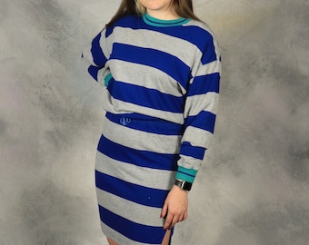 Vtg '80's Catrina Ltd Above-the-Knee Blue & Gray Striped Dress w/Green Collar/Cuffs - Size M - Drawstring Waistband - Side Slit - Like New