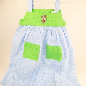 Handmade Little Girl Size 4-5T Cotton Sun Dress/Jumper with Pockets  - Light Blue & Green with Piglet Applique