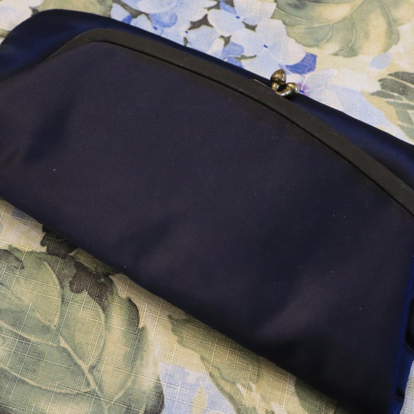 Vtg 1980's Navy Blue Evening Clutch/Evening Bag by Andre with Brass-tone Chain Strap and Latch - Like New Condition