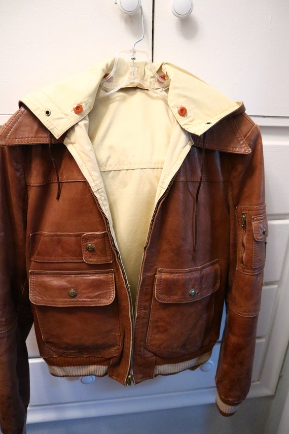 StrawBlondeDesigns Vintage 1970's Casablanca Reversible Leather Bomber Jacket with Removable Hood - Size 38 (Medium) Very Good Condition - Extremely Rare