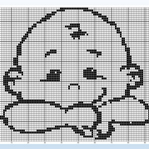 May include: Black and white pixel art of a cartoon character with a sad expression. The character has a round head, small eyes, and a small mouth.