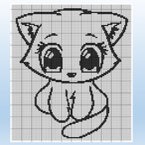 Puede incluir: Arte de píxeles en blanco y negro de un gato de dibujos animados con ojos grandes. El gato está sentado con la cola enroscada alrededor de sus patas.