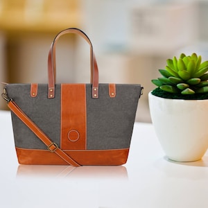Handmade Canvas and Leather Tote Bag, Office Laptop Bag