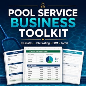 Könnte beinhalten: Ein Pool-Service-Business-Toolkit mit digitalen Dokumenten, darunter ein Kostenvoranschlag, eine Arbeitskostenkalkulation mit Tortendiagramm und ein Kundenstammblatt. Der Text lautet POOL SERVICE BUSINESS TOOLKIT, Estimates, Job Costing, CRM, Forms.