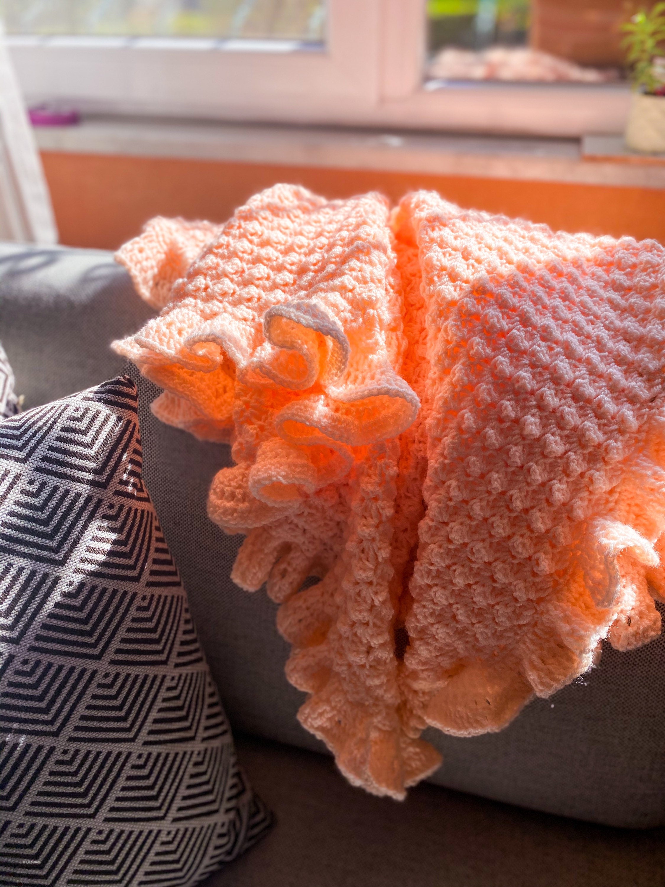 Peach Color Crochet Baby Blanket, Ruffle Edge Blankie, Ruffle Edge