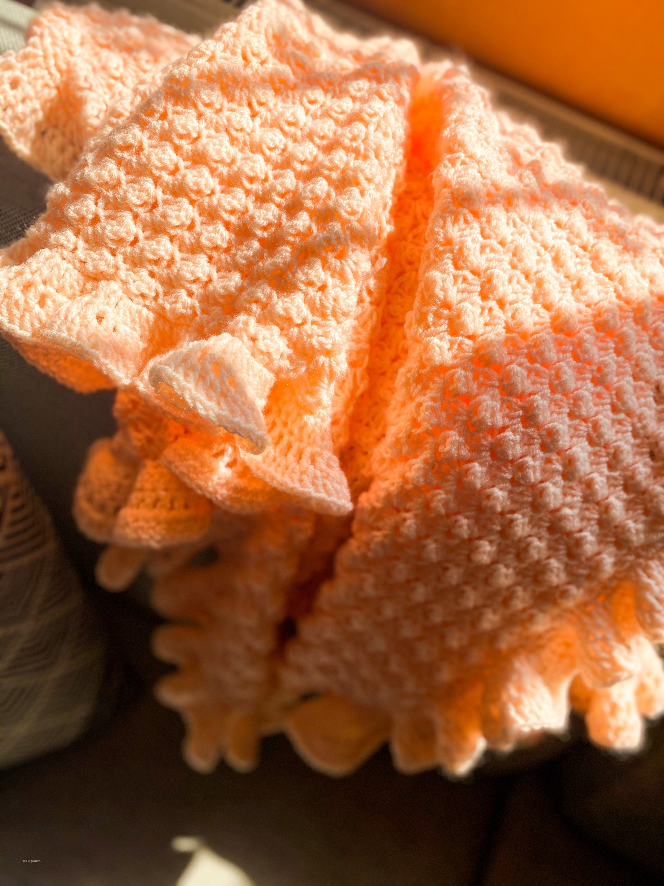 Peach Color Crochet Baby Blanket, Ruffle Edge Blankie, Ruffle Edge