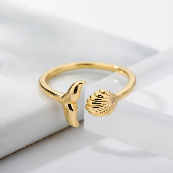Elegant Ocean-Inspired Open Cuff Ring - Gold & Silver Mermaid Tail and Seashell Design - Whimsical Boho Chic Jewelry for Nature Lovers