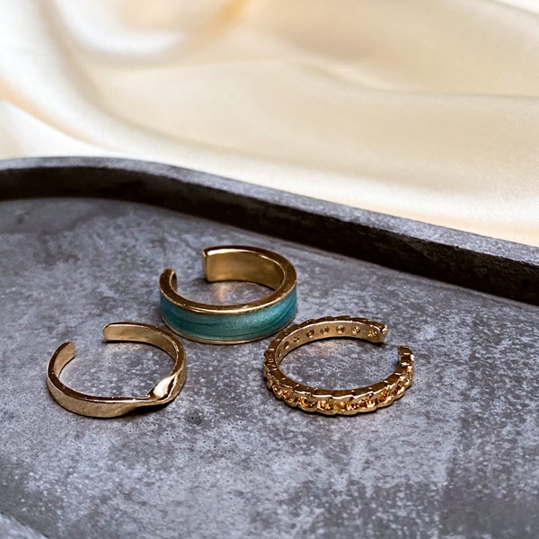 Adjustable Modern Ring Set - Elegant Gold, Blue Enamel - Versatile Jewelry for Every Occasion