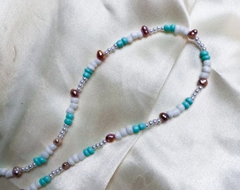 Beach-Inspired Freshwater Pearl Necklace - Turquoise & White Beads - Boho Chic Summer Accessory for Relaxed Style