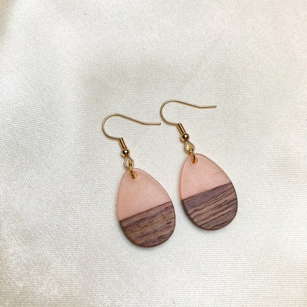 Chic Teardrop Earrings - Modern Minimalist Pink and Wood Grain Dangle Earrings with Gold Hooks - Fashion Accessory