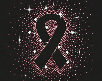 Pink Ribbon with Scattered Stones Rhinestone bling Transfer / Tank Top / V- Neck T- Shirts / Pullover Fleece Hoodie / Sweatshirt / Unisex