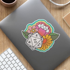 Adesivo de flores psicodélicas Dnd, adesivos Dnd, adesivo Dnd, adesivo D20, decalque de laptop de dados, adesivo D&D, presente Dnd, adesivo DM, adesivo TTRPG