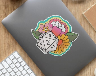 Pegatina de flores psicodélicas Dnd, pegatinas Dnd, pegatina Dnd, pegatina D20, calcomanía de dados para computadora portátil, pegatina D&D, regalo Dnd, pegatina DM, pegatina TTRPG