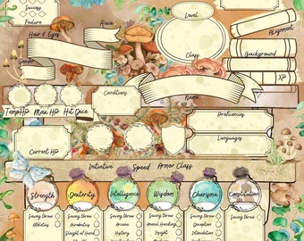 DnD Printable Character Sheet, Dnd mushrooms character sheet, Dnd character sheet template, D&D druid character sheet, RPG character sheet