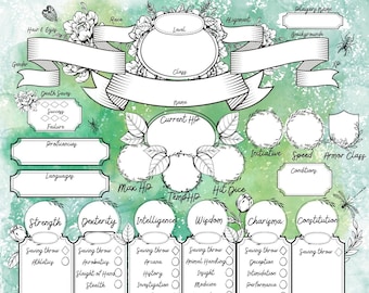 DnD Printable Character Sheet, Dnd botanical character sheet, Dnd character sheet template, D&D druid character sheet, RPG character sheet