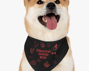 May include: A Shiba Inu dog wearing a black bandana with red text that says "CHAOTIC GOOD BOY" and red graphic designs.