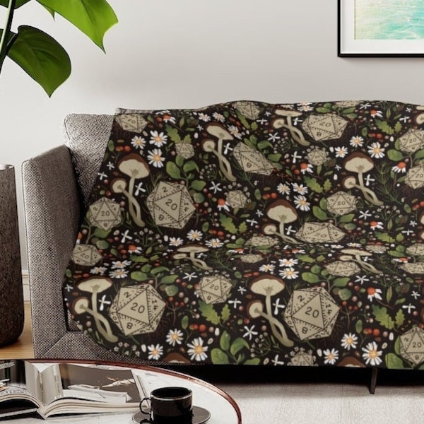 Dnd Druid Blanket, Dnd Sherpa Blanket, Woodland dnd cover, D20 blanket, Ranger Blanket, Mushrooms dnd blanket, Dnd gifts, Dnd bedding