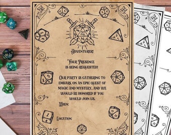 May include: A brown paper invitation with a black and white illustration of dice and swords. The text reads "Adventurer, Your Presence is Being Requested! Our party is gathering to embark on an epic quest of magic and mystery, and we would be honored if you would join us. When: Location:"
