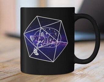 D&D Katze Becher, Würfelkatze Becher, D20 Becher, RPG Becher, D&D Geschenk, Becher, Keramikbecher 11 Unzen doppelseitiger schwarzer Becher, D&D Potion Becher, D&D Becher