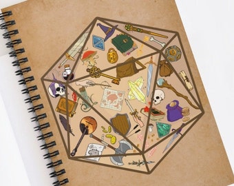 May include: A brown spiral notebook with a vintage-style illustration of a 20-sided die filled with various fantasy role-playing game items. The die is outlined in black and the items inside are colorful.