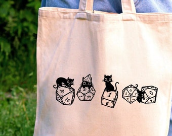 Cats and dice dnd bag, Dnd Tote Bag, Dnd canvas tote bag, Dnd bag, DM bag, cats tote, Dnd gift, TTRPG gift bag, D20 bag, Dnd gifts for woman