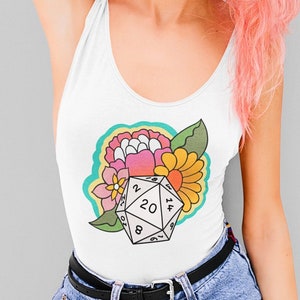 D&D Psychedelic Flowers Tank top, D20 Tank top, Dnd Moon Tank Top, Women&#39;s Racerback Tank, Dnd potions tank top, TTRPG Tank Top, DM gift