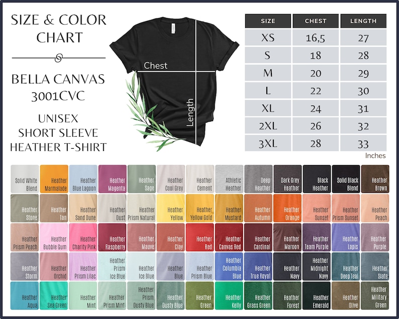 May include: Size chart for Bella Canvas 3001CVC unisex short sleeve heather t-shirts. The chart shows sizes XS to 3XL with corresponding chest and length measurements in inches. The chart also includes a color chart with various heather and solid color options.