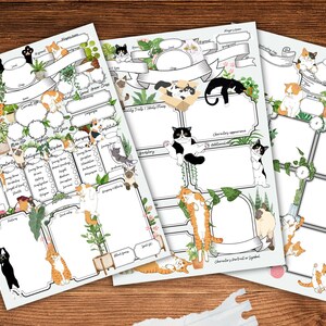 May include: Three printable character sheets featuring cats and plants. The sheets are designed for role-playing games and include sections for character name, stats, abilities, and more.