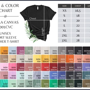 May include: Size and color chart for Bella Canvas 3001CVC unisex short sleeve heather t-shirt. The chart shows sizes XS to 3XL with corresponding chest and length measurements in inches. A black t-shirt is shown in the top left corner of the image. Below the chart is a color chart with 36 different heather colors.