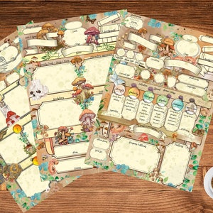 May include: Set of five printable character sheets featuring a mushroom and forest theme. Each sheet has a different layout with sections for character information, abilities, and inventory. The sheets are designed in a vintage style with brown paper and watercolor illustrations.