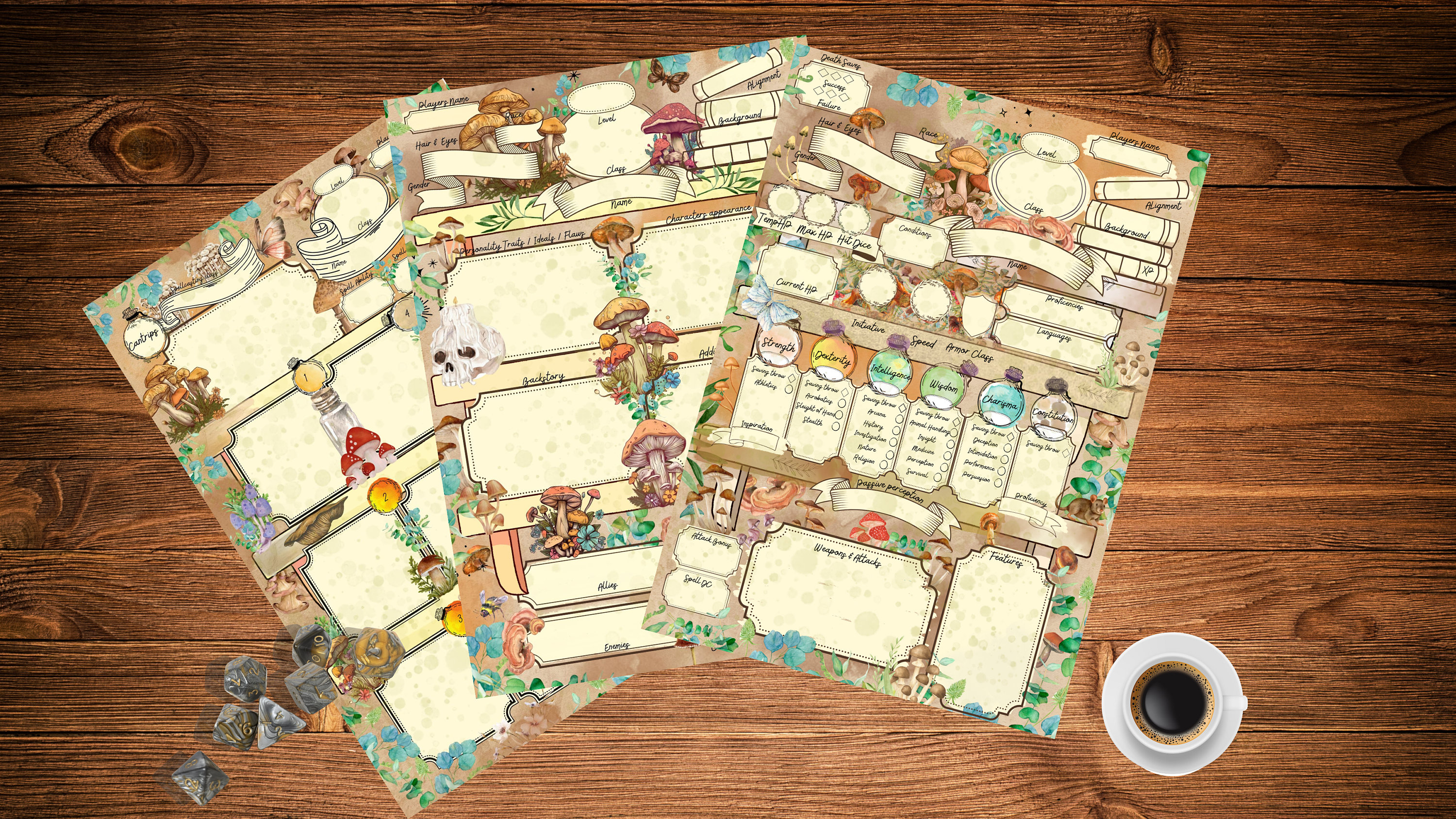 Dnd mushrooms character sheet, Dnd watercolor character sheet, Dnd art, D&D druid character sheet, RPG character sheet, dnd accessories