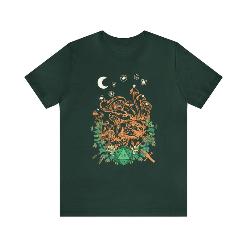 May include: A dark green t-shirt with a graphic of a cluster of mushrooms, a crescent moon, stars, and a green twenty-sided die.