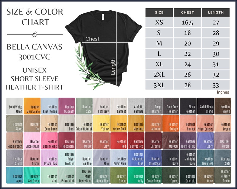 May include: Size chart for Bella Canvas 3001CVC unisex short sleeve heather t-shirts. The chart shows sizes XS to 3XL with corresponding chest and length measurements in inches. The chart also includes a color chart with various heather and solid color options.