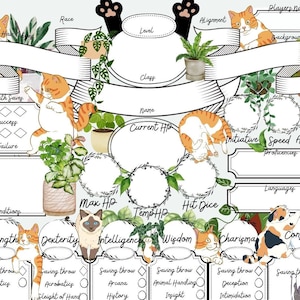 May include: A printable character sheet for a tabletop role-playing game, featuring a cat theme. The sheet includes sections for character name, race, class, level, alignment, background, experience points, gender, death saves, current hit points, maximum hit points, temporary hit points, hit dice, initiative, speed, armor class, proficiencies, languages, strength, dexterity, intelligence, wisdom, charisma, constitution, and saving throws.