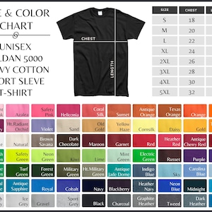 May include: Size and color chart for unisex Gildan 5000 heavy cotton short sleeve t-shirts. The chart shows sizes from S to 5XL with corresponding chest and length measurements in inches. A color chart with various shades of pink, red, green, blue, and grey is also included.