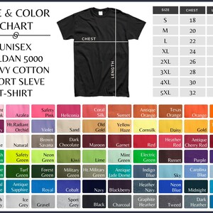May include: Size and color chart for unisex Gildan 5000 heavy cotton short sleeve t-shirts. The chart shows sizes from S to 5XL with corresponding chest and length measurements in inches. A color chart with various shades of pink, red, green, blue, and grey is also included.