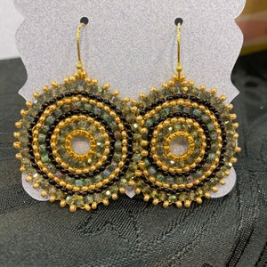 Black, Olive Green and Gold Beaded Earrings