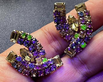 boucles d'oreilles clip vintage dorées/verre d'uranium