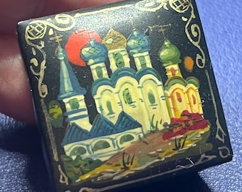 Vintage hand-painted miniature papier-mache Russian Palekh trinket box