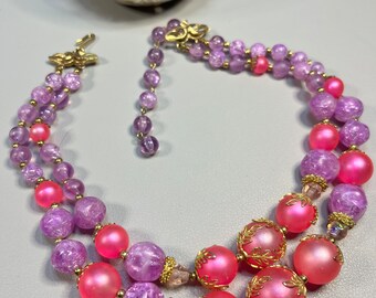 Vintage DEAUVILLE double strand pink/lavender bead necklace