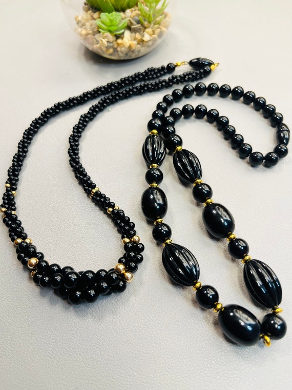 SET OF 2 Vintage black acrylic bead necklaces