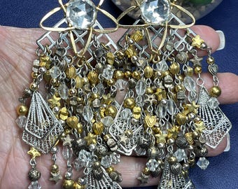 Vintage 2-tone multi-bead tassel statement clip-on earrings