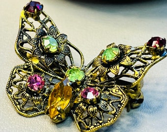 Vintage gold tone multicolor rhinestone butterfly brooch