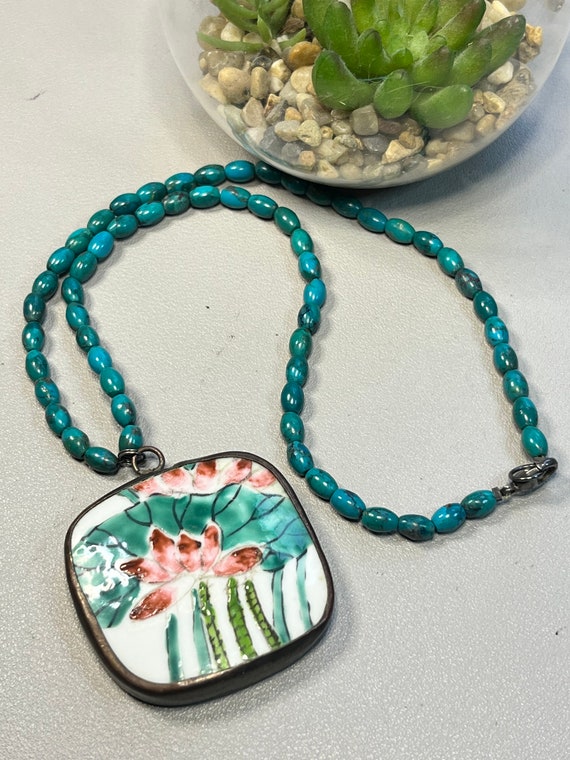 Vintage porcelain pendant stone bead necklace - image 1