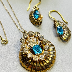 Vintage 1/20 14k gf blue glass rhinestone pendant brooch necklace/earrings set