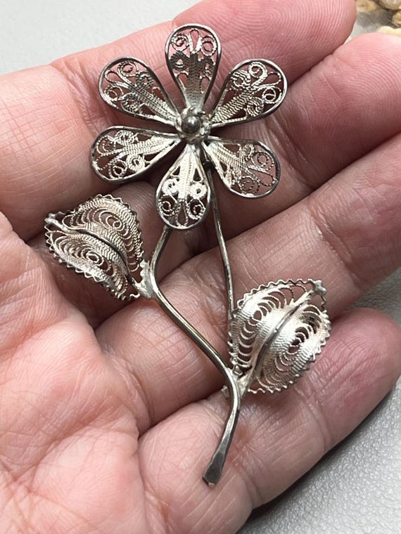Rare, Sterling silver signed filigree flower brooch